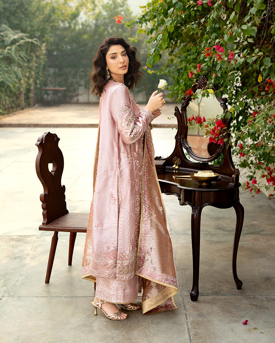 Marium — Sunehri coral lama silk suit with tilla-embroidered split neckline and zari tissue dupatta