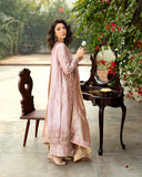 Marium — Sunehri coral lama silk suit with tilla-embroidered split neckline and zari tissue dupatta