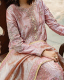 Marium — Sunehri coral lama silk suit with tilla-embroidered split neckline and zari tissue dupatta