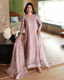 Full-length front view of dusty mauve luxury pret suit with embroidered hem, Zarminay collection