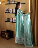 Side view of mint green luxury pret suit with embroidered dupatta, Zarminay collection