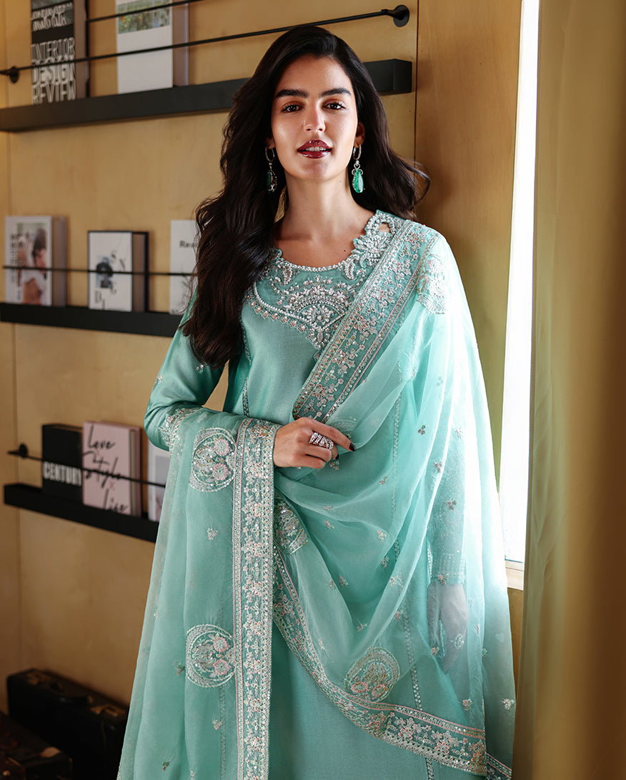 Front styled view of mint green luxury pret suit with embroidered dupatta, Zarminay collection
