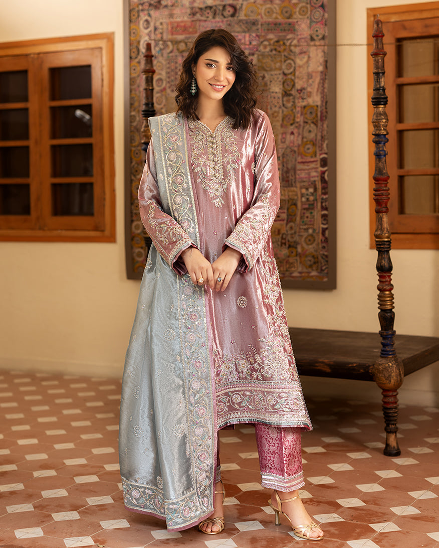 Periwesh — Sunehri dark pink embroidered lama silk suit with zari tissue dupatta