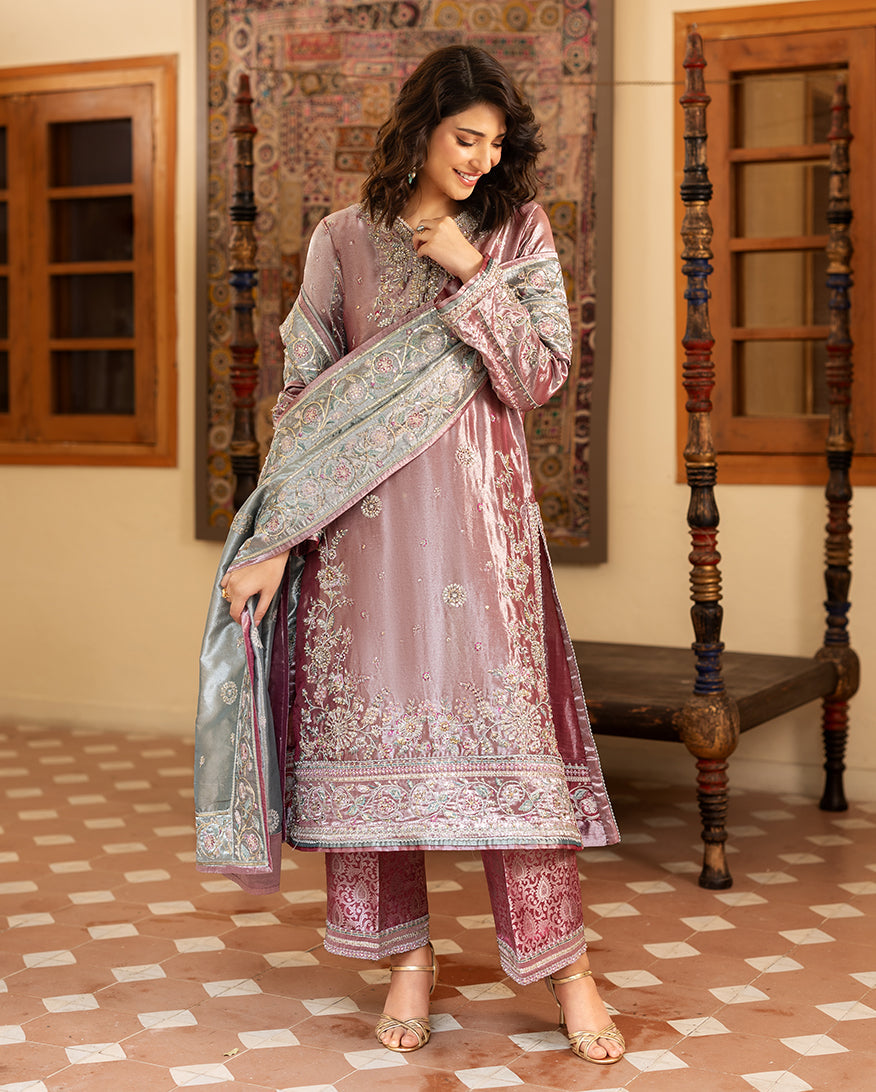 Periwesh — Sunehri dark pink embroidered lama silk suit with zari tissue dupatta