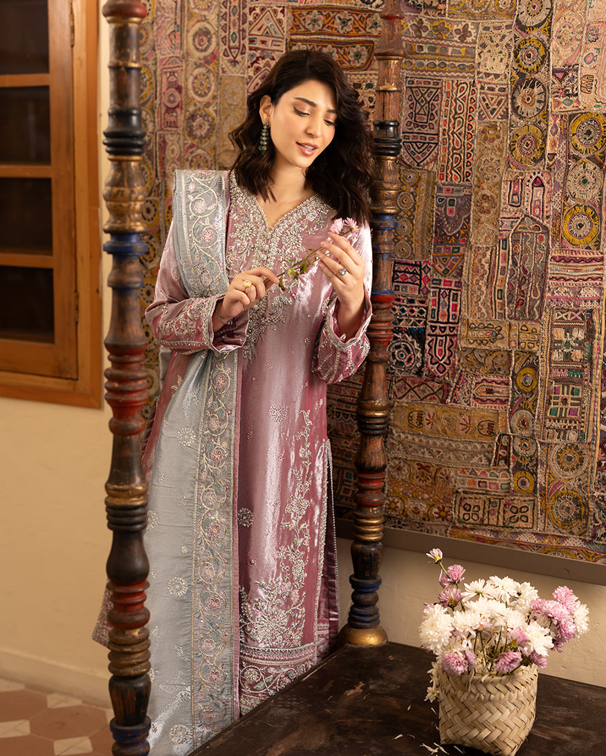 Periwesh — Sunehri dark pink embroidered lama silk suit with zari tissue dupatta