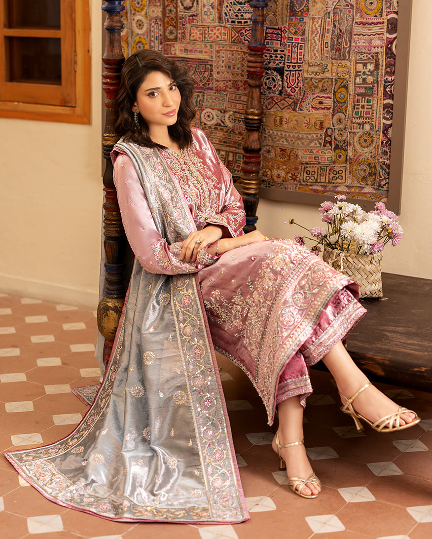 Periwesh — Sunehri dark pink embroidered lama silk suit with zari tissue dupatta