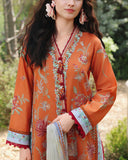 Close-up of orange embroidered lawn suit with floral embroidery and tassel neckline, Secret Garden collection