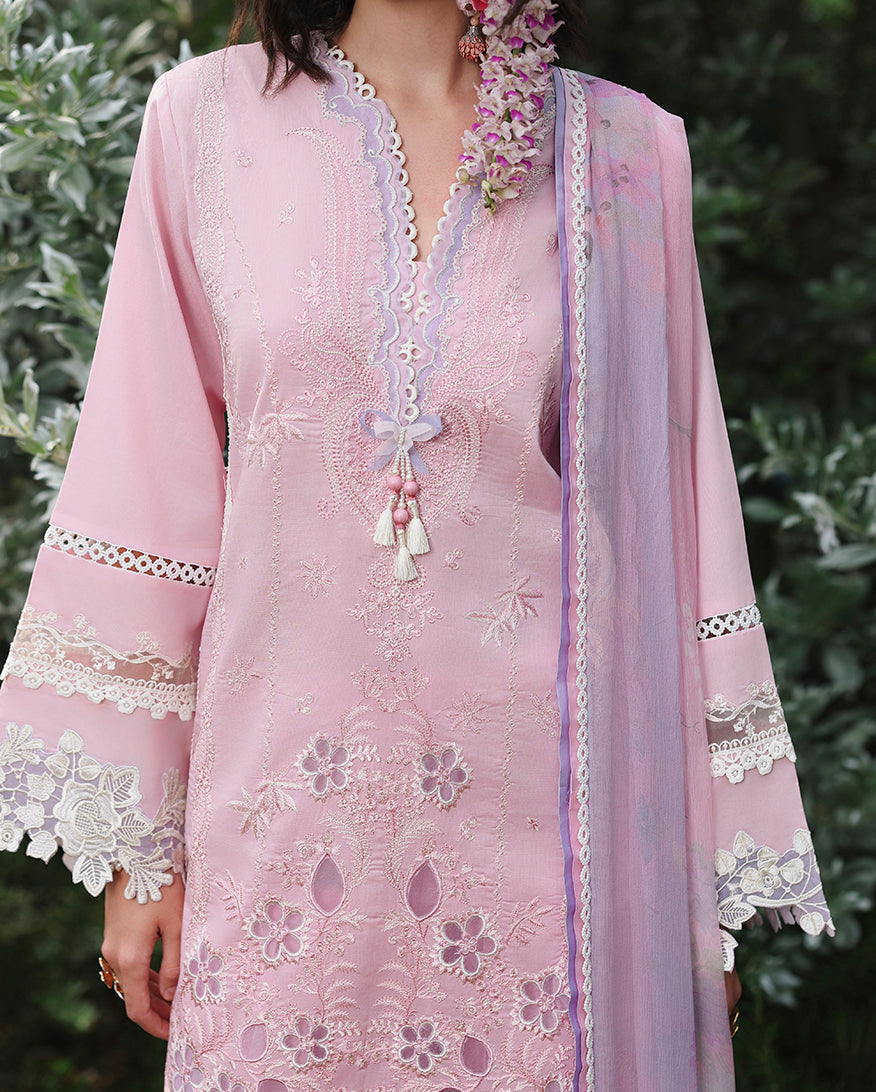 Tassel neckline and floral embroidery detail on embroidered lawn unstitched suit, Secret Garden collection
