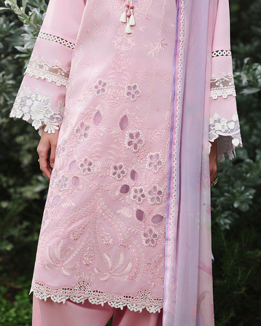 Cutwork floral embroidery and scalloped lace hem on light pink embroidered lawn suit, Secret Garden collection