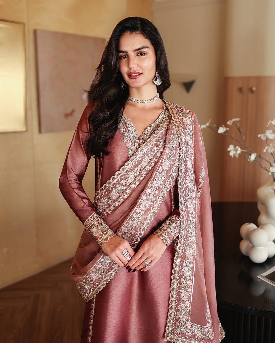 Front styled view of dusty rose pink luxury pret suit with embroidered dupatta, Zarminay collection
