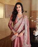 Front styled view of dusty rose pink luxury pret suit with embroidered dupatta, Zarminay collection
