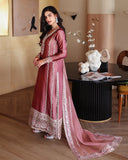Side view of dusty rose pink luxury pret suit with embroidered border, Zarminay collection