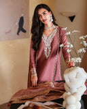 Close-up of neckline embroidery on dusty rose pink luxury pret suit, Zarminay collection