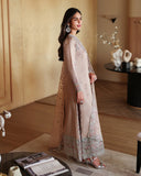 Side view of beige luxury pret suit with embroidered dupatta, Zarminay collection