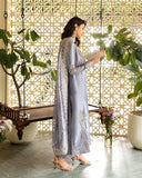 Samiya — Sunehri lavender lama silk suit with embroidered neckline and zari tissue dupatta