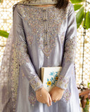 Samiya — Sunehri lavender lama silk suit with embroidered neckline and zari tissue dupatta