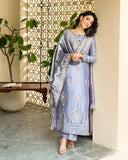 Samiya — Sunehri lavender lama silk suit with embroidered neckline and zari tissue dupatta