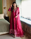 Full-length front view of magenta pink luxury pret suit with embroidered hem, Zarminay collection