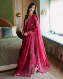 Front view of magenta pink luxury pret suit with embroidered dupatta, Zarminay collection