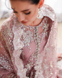 Close-up of embellished neckline on mauve organza suit
