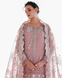 Close-up of mauve organza suit showing embellished neckline and draped dupatta