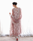 Back view of mauve embellished organza suit with dupatta draped down the back