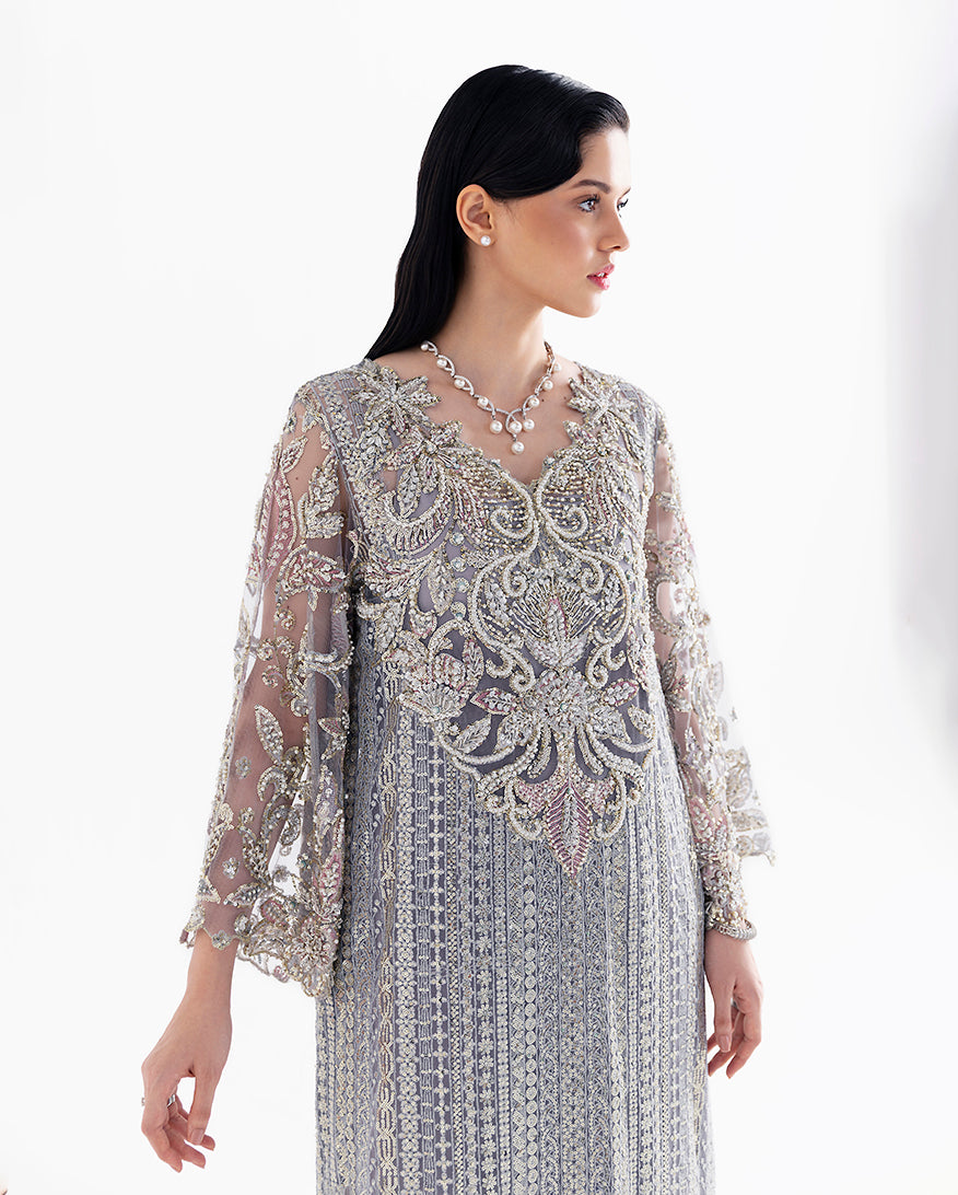 Close-up of embroidered bodice and beaded bell sleeves on grey net shirt