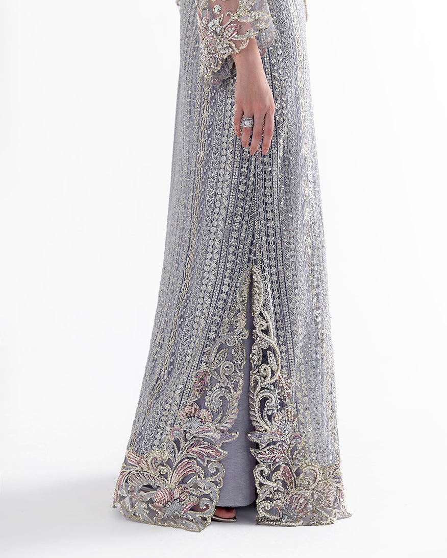 Valerian — Fleur grey embroidered net suit with beaded bell sleeves and China silk slip