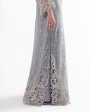 Valerian — Fleur grey embroidered net suit with beaded bell sleeves and China silk slip