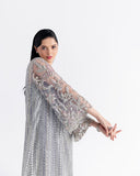 Side view of grey net suit showing beaded fringe skirt and embroidered bodice