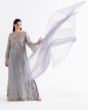 Valerian — Fleur grey embroidered net suit with beaded bell sleeves and China silk slip