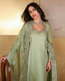Close-up of neckline embroidery on sage green luxury pret suit, Zarminay collection
