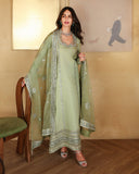 Full-length front view of sage green luxury pret suit with embroidered border, Zarminay collection
