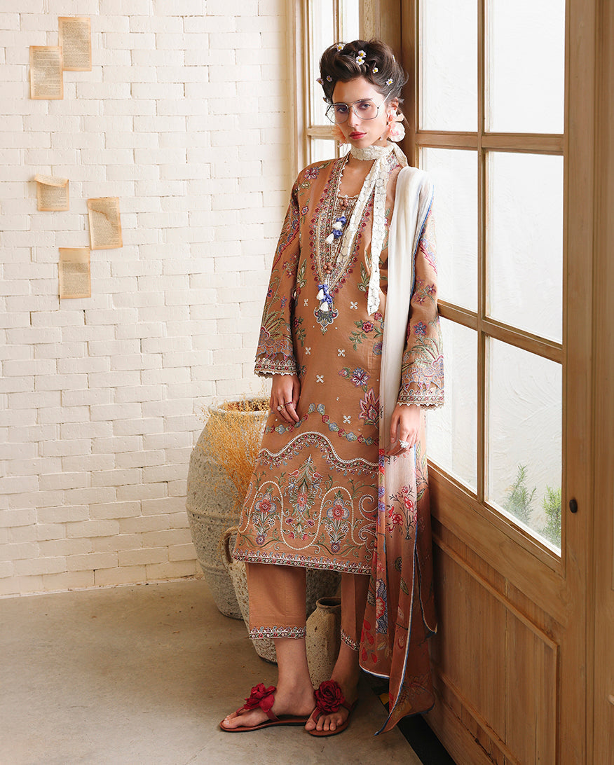 Full-length view of unstitched lawn collection suit, coffee brown with floral border, Secret Garden