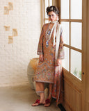 Full-length view of unstitched lawn collection suit, coffee brown with floral border, Secret Garden