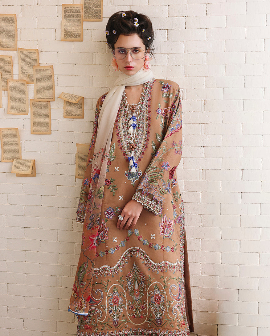 Woman wearing embroidered lawn unstitched suit in coffee brown with paisley detailing, Secret Garden collection