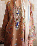 Close-up of floral embroidery on coffee brown unstitched lawn suit, Secret Garden collection