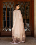 Back view of rose beige raw silk suit with sheer organza dupatta trailing to the floor