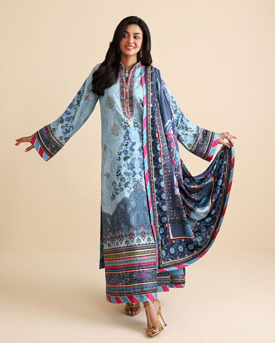 Woman wearing blue printed raw silk suit with arms spread showing dupatta and striped trouser