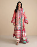 Woman wearing peach printed raw silk suit with striped dupatta border and embroidered neckline
