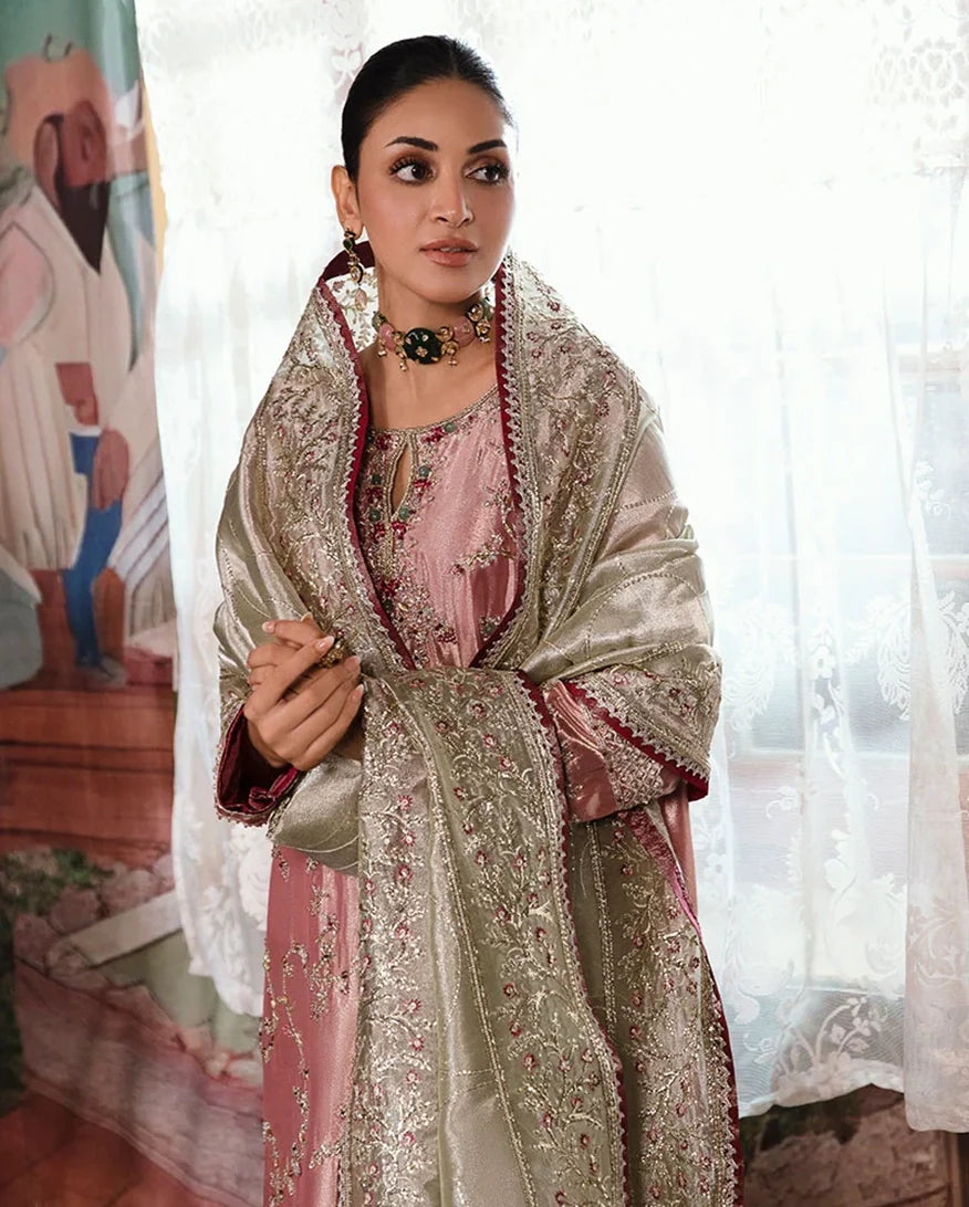Lamia — Sunehri pink silver embroidered zarri silk suit with hand-embellished beadwork