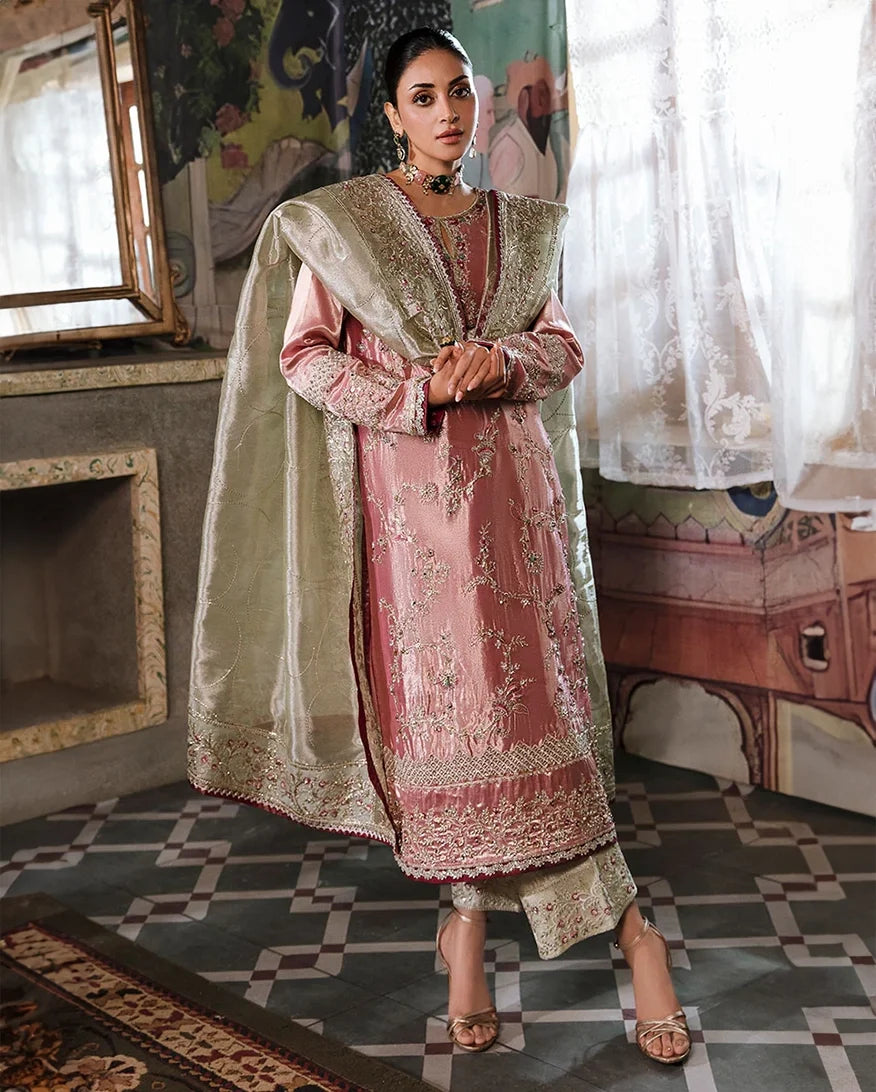 Lamia — Sunehri pink silver embroidered zarri silk suit with hand-embellished beadwork