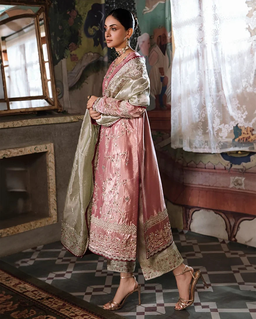 Lamia — Sunehri pink silver embroidered zarri silk suit with hand-embellished beadwork