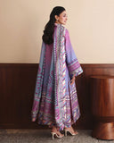 Back view of purple printed raw silk suit showing striped dupatta border and printed sleeves