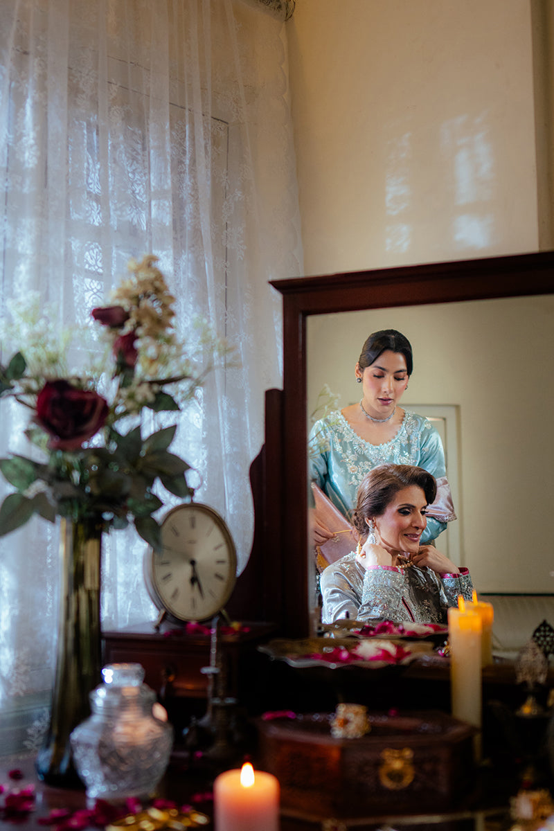 Eman — Sunehri light blue embroidered satin zari suit with zari tissue dupatta