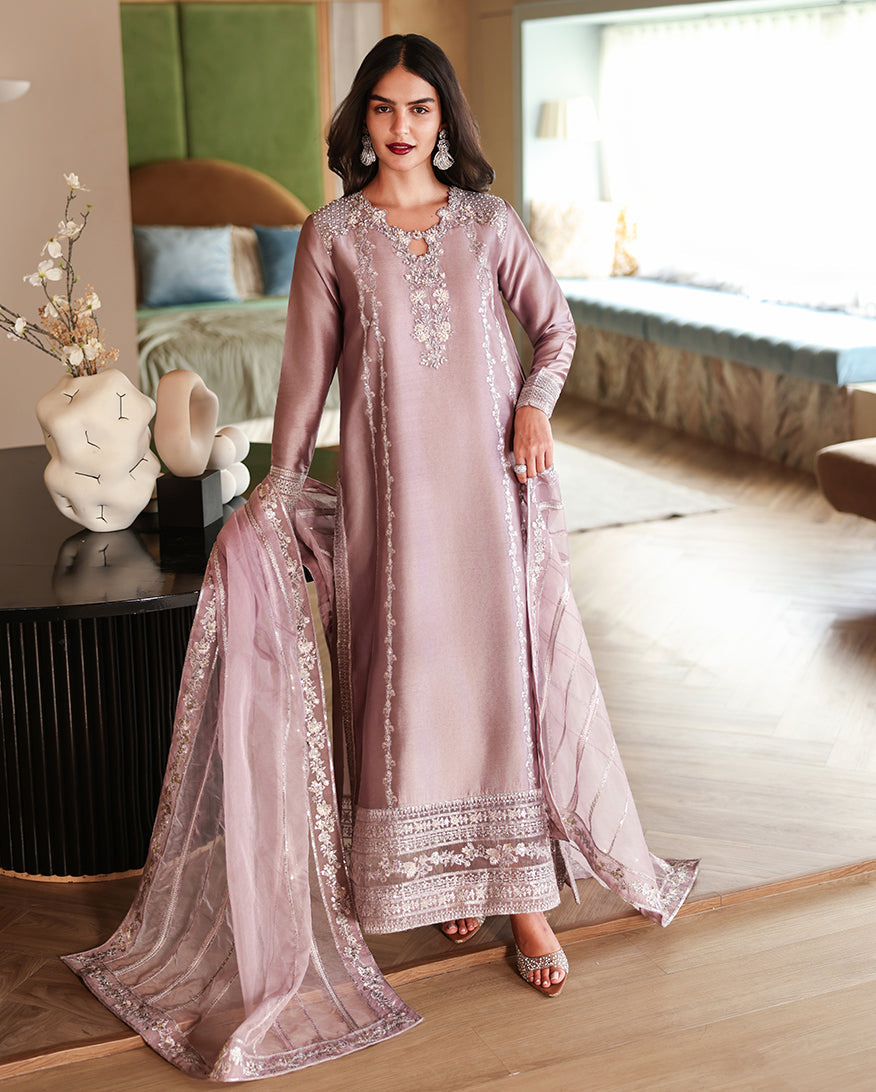 Full-length front view of dusty mauve luxury pret suit with embroidered hem, Zarminay collection