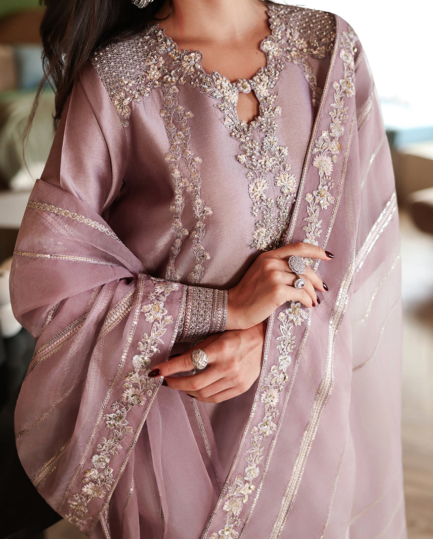Detail shot of embroidered panels on dusty mauve luxury pret suit, Zarminay collection