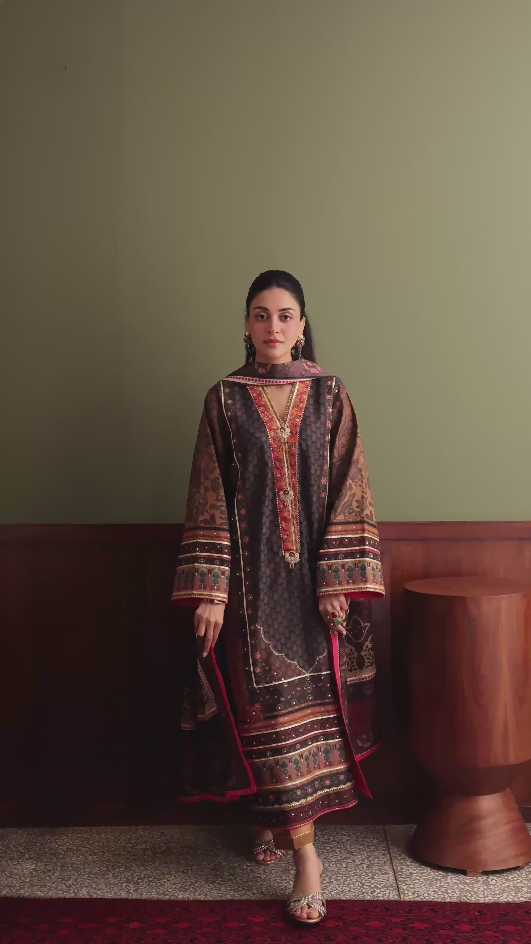 Effortlessly Me — Nirvana black printed raw silk suit with embroidered neckline lace and hand embellished buttons